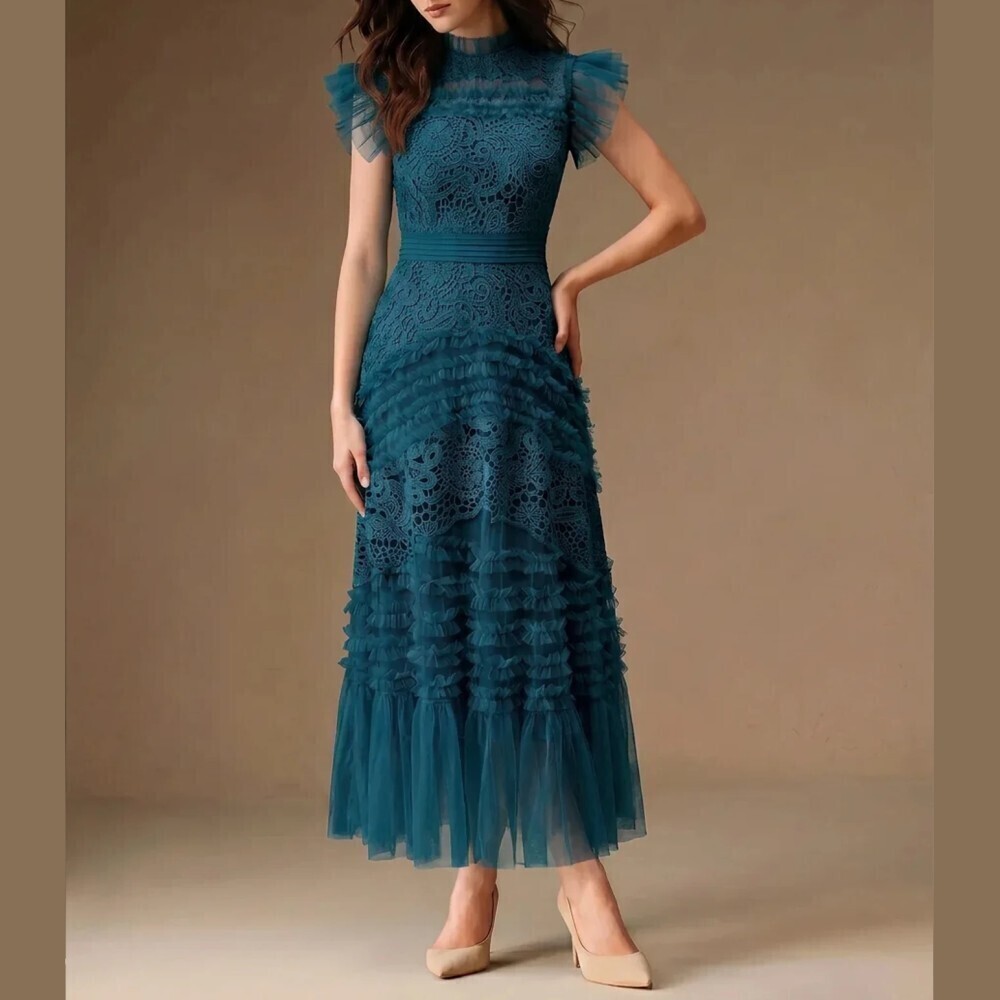 Dark Teal Blue Lace Ruffle Sleeve Tiered Tulle Maxi Dress
